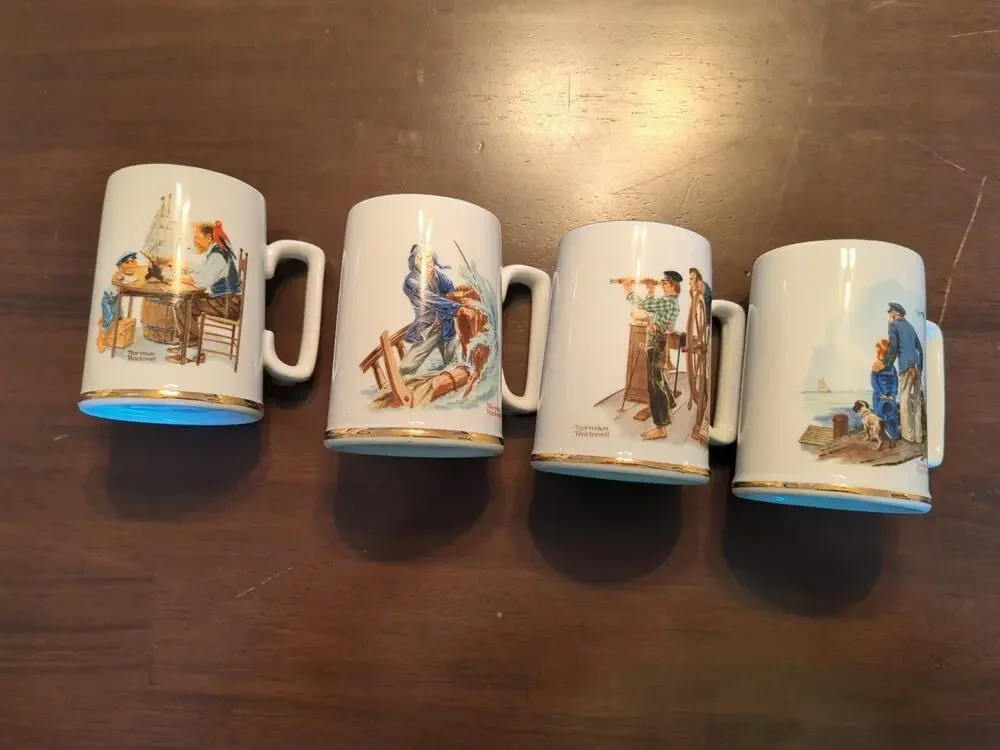 Norman Rockwell Museum Set of 4 Nautical Theme Coffee Mug/Cup, 1985 Gold Trim